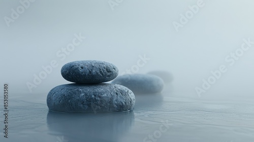 Minimalist aroma stones, rear view, soft-focus, muted tones, delicate mist surrounding, symmetrical arrangement, tranquil atmosphere, oil painting effect