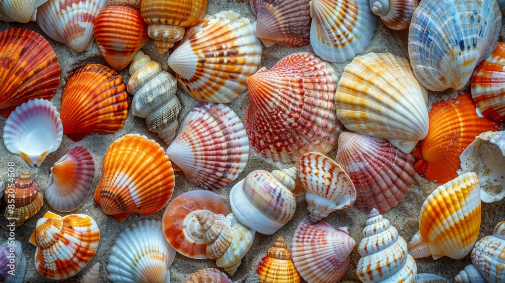 Seashells on the Sand: A close-up of a variety of colorful seashells scattered on the sandy beach, capturing the small details and textures of the shore. Seashells on the Sand: A close-up of a variety of colorful seashells scattered on the sandy beach, capturing the small details and textures of the shore.