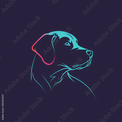 Graphic outline of a dog in neon pink and blue on a dark background photo