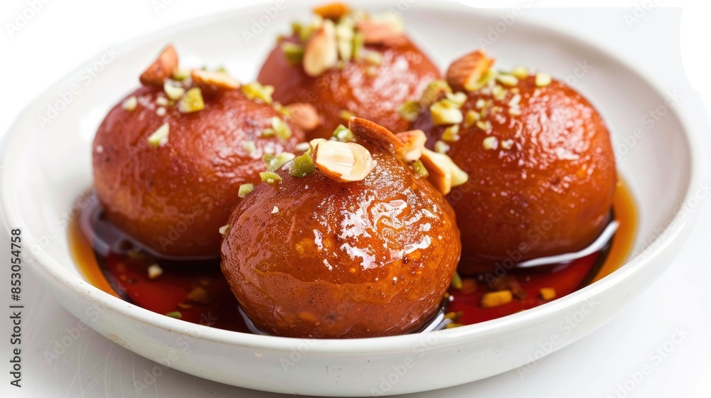 Photograph of a sweet and nutty gulab jamun, milk-based dumplings soaked in fragrant rose syrup, garnished with chopped nuts Photograph of a sweet and nutty gulab jamun, milk-based dumplings soaked in fragrant rose syrup, garnished with chopped nuts