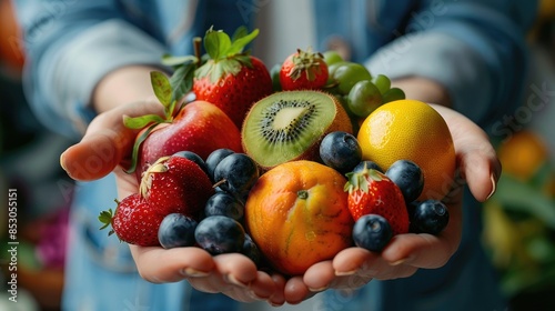 Close-up of Hands holding a variety of fresh fruits including strawberries, blueberries, grapes, and kiwi, showcasing a colorful and healthy selection.