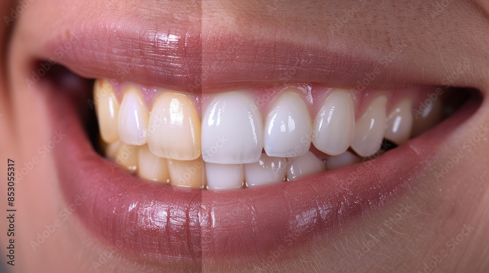 Fototapeta premium Close-up of a smile showing a comparison of teeth before and after whitening, highlighting the effectiveness of dental treatments.