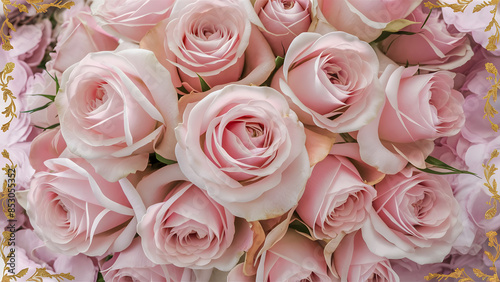 Elegante invitación de boda adornada con acentos dorados y un diseño floral de rosas rosadas delicadas, evocando un tema clásico y atemporal para una celebración de amor inolvidable y romántica. photo