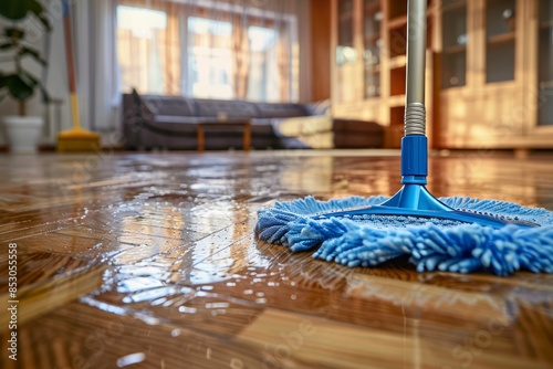 Professional floor cleaning with mop and cleanser foam on parquet surface with cleaning tools