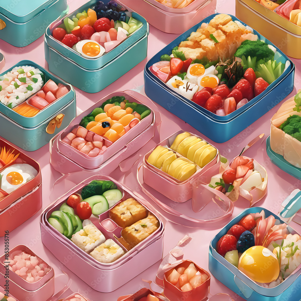 Un conjunto colorido de cajas de almuerzo muy ricas Un conjunto colorido de cajas de almuerzo muy ricas