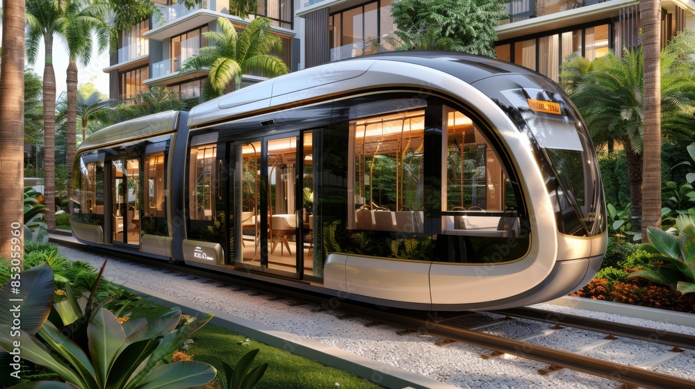 Naklejka premium Explore the synergy between nature and technology with images of a fast-moving electric tram gliding through lush green parks and