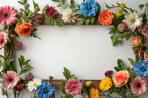 wooden picture frame There are flowers around. on a white background. Copy space for text.