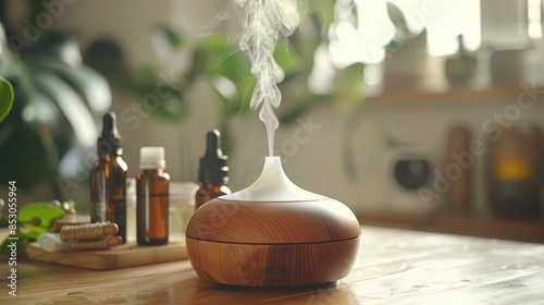 A wooden essential oil diffuser emitting a gentle mist, surrounded by bottles of essential oils in a cozy, plant-filled room, enhancing a sense of calm and wellness.