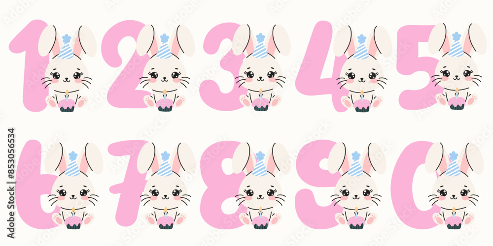 Set of colorful numbers with cute bunny. Pink numbers from 1 to 9 with rabbit. Vector illustration with white bunny. Element for children's birthday invitation, greeting card and cake toppers. Set of colorful numbers with cute bunny. Pink numbers from 1 to 9 with rabbit. Vector illustration with white bunny. Element for children's birthday invitation, greeting card and cake toppers.
