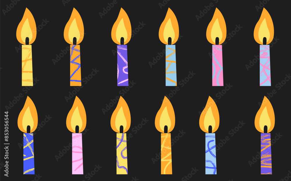 Set of colorful candles in doodle style with scribble textures. Holiday candles with burning flames, candlelight on wicks. Element for birthday cake or pie, invitation, greeting card and cake toppers. Set of colorful candles in doodle style with scribble textures. Holiday candles with burning flames, candlelight on wicks. Element for birthday cake or pie, invitation, greeting card and cake toppers.