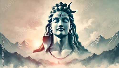 Watercolor illustration of serene statue of Lord Shiva. photo