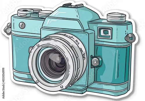 A blue camera with a white lens