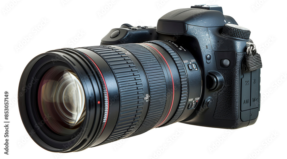 Fototapeta premium A black camera with a red and black lens