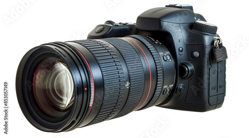 A black camera with a red and black lens photo