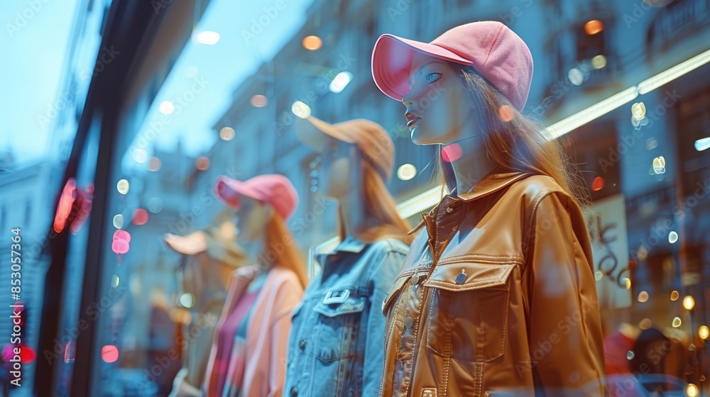 Obraz premium Mannequins dressed in stylish outfits and caps, displayed in a store window with city reflections, showcasing trendy urban fashion.