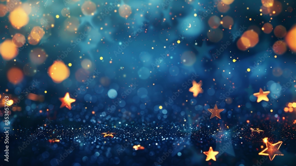 Golden starry christmas abstract banner on dark blue bokeh background for new year 2025 Golden starry christmas abstract banner on dark blue bokeh background for new year 2025