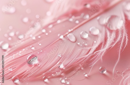 A delicate feather with water droplets, captured in closeup against the soft pink background of an atmospheric scene
