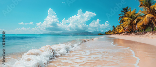 Tropical beach with palm trees, blue sky, and fluffy clouds photo