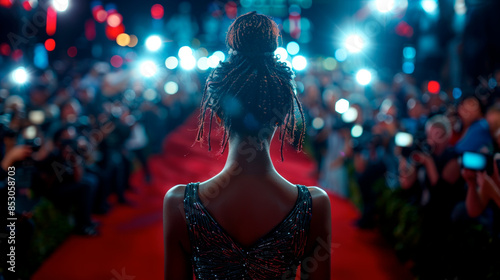 African American actress on red carpet, high society event or movie festival, a lot of press