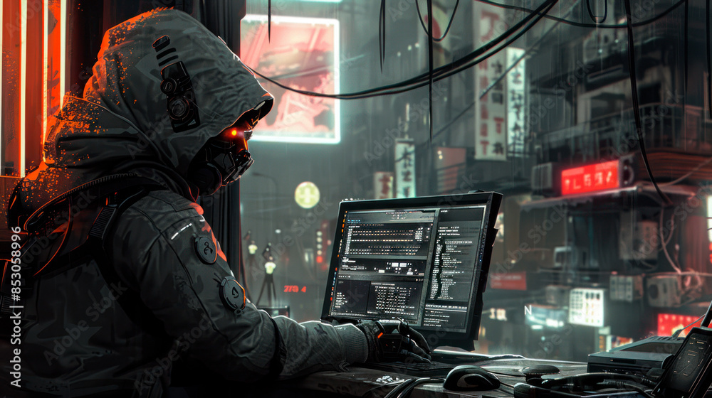 Cyberpunk hacker in futuristic setting Cyberpunk hacker in futuristic setting