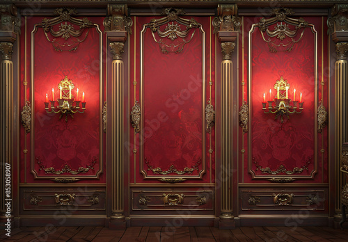Ornate red wall panels with golden frames and lit candelabras in a luxurious room photo