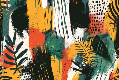 Vibrant maximalist cluttercore abstract illustration with rich colors and bold design strokes photo