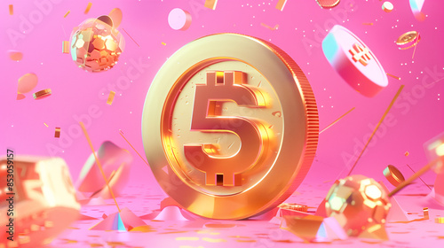 3D rendering of a golden coin with a dollar sign on a pink backdrop photo