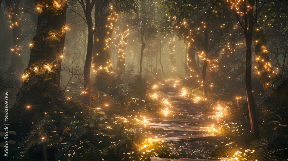 A mystical forest with glowing pathways.
A mystical forest with glowing pathways.