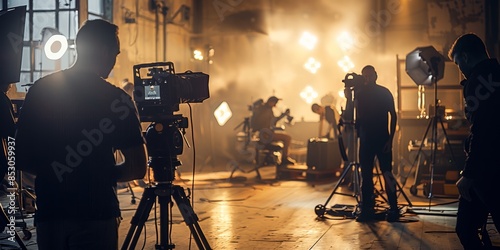 Professional video shoot in a well-lit studio with crew and high-end equipment 