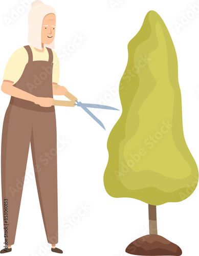 Senior woman gardener taking care of a tree, trimming its branches with scissors