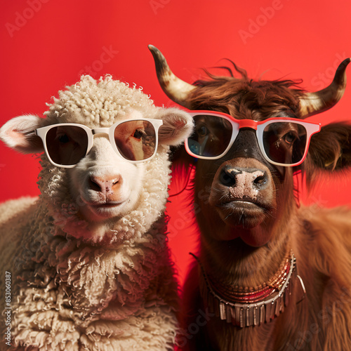 Two animals with pixelated faces against a red background photo