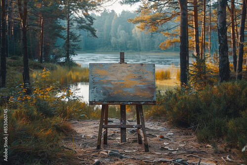 Caballete con cuadro pintado en medio de un bosque con un río de fondo, paisaje y entretenimiento photo