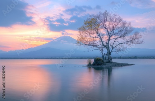 Peaceful Pastel Hues: Sunset at Lake Kawaguchiko with Mount Fuji Backdrop