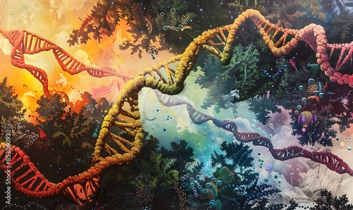 Human Evolution DNA Strand Evolving from Primordial Soup, Artistic interpretation of DNA emerging from the origins of life