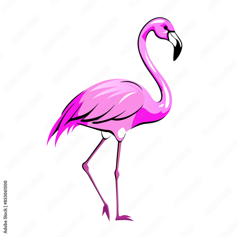Obraz premium flamingo with pink feathers, standing on one leg.