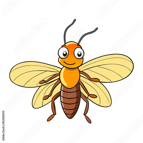 cartoon firefly with large, yellow wings, bright orange body, smiling, transparent