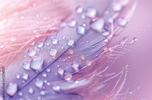 A delicate feather with water droplets on a pink background with soft lighting, captured with a macro lens and blurred focus on the feathers and drops of dew, creating an ethereal atmosphere