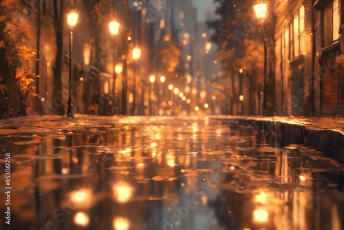 Stunning anime-style illustration of a vibrant puddle on a cobblestone street during an autumn evening, with glowing streetlights reflecting in the water. © Zyariss