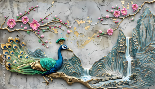 colorful Volumetric Peacock bird stucco molding on a concrete wall with golden elements, Japanese landscape, waterfall, mountains, sakura.  photo