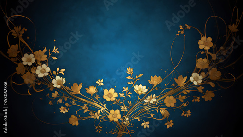 青バックの金の花模様　AI画像　ジェネレーティブAI