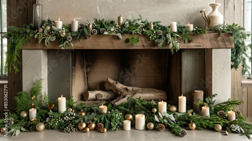 Set the scene for holiday gatherings with a modern fireplace mantle adorned with metallic candle holders, minimalist stockings, and lush