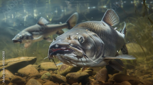 Catfish (Silurus Glanis), swimming at the bottom of a river. There is one fish in the foreground photo