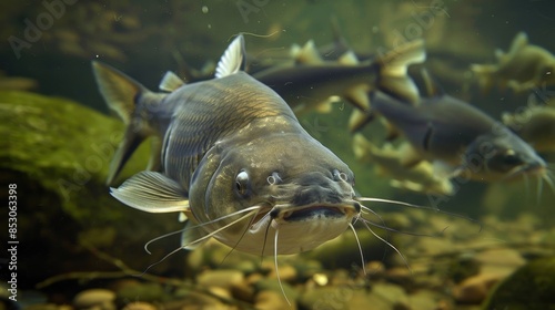 Catfish (Silurus Glanis), swimming at the bottom of a river photo