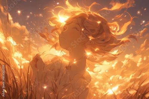 Mesmerizing anime-style illustration of a character with golden hair glowing in the radiant sunset photo