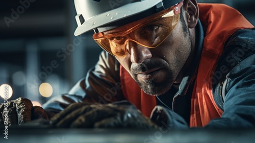 A man in a hard hat, safety glasses and gloves works against the backdrop of a factory.