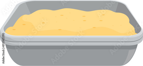 Cat litter box filled with sand for using by domestic animal standing on floor at home