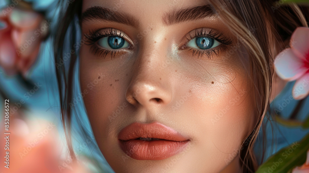 A Woman With Blue Eyes Gazes Through Delicate Pink Blossoms