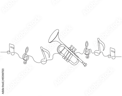 Continuous one line drawing of trumpet. One line drawing illustration of trumpet. Musical instrument concept singe line. Editable outline.