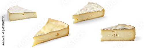A set of Brie cheese pieces isolated on a transparent background.