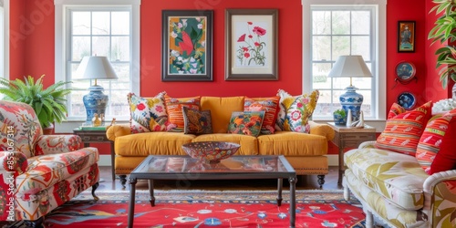 A vibrant living room demonstrating color drenching, with bold red walls, matching furniture, and striking decor